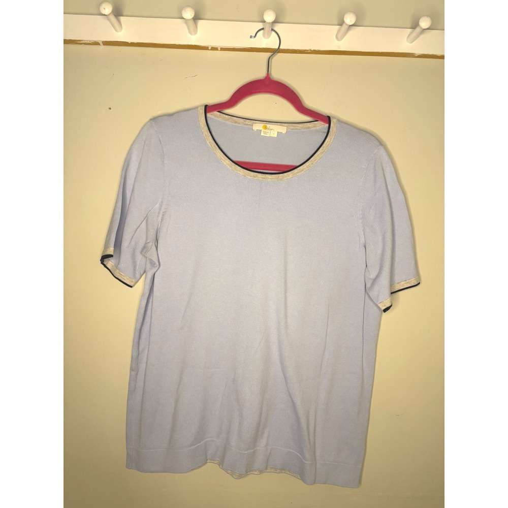 Boden Contrast Trim Knit Top Blue Cotton Blend Casual Preppy Large